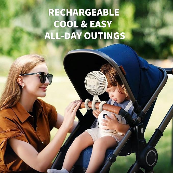 AMACOOL Battery Operated Stroller Fan Flexible Tripod Clip On Fan with 3 Speeds and Rotatable Handheld Personal Fans for Car Seat Crib Bike Treadmill (Beige)