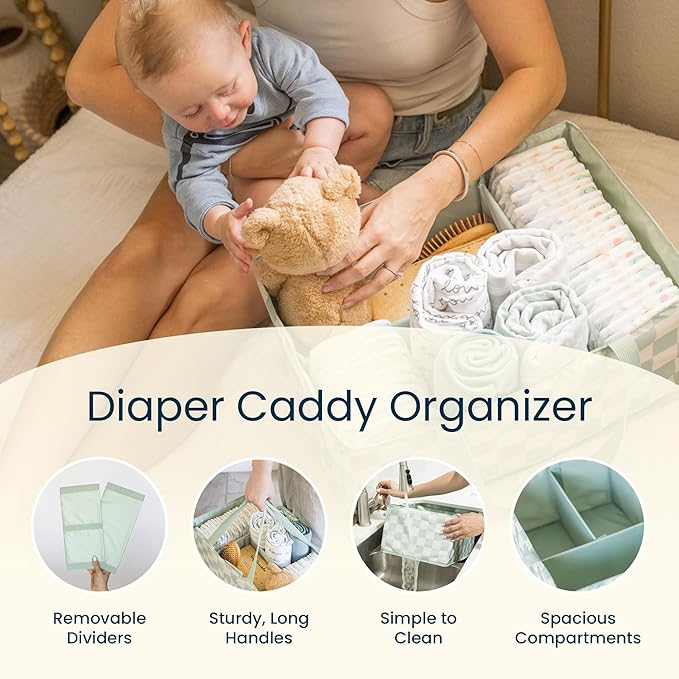 Tiny Twinkle Diaper Caddy Organizer | Foldable Baby Storage Basket with Removable Divider | Waterproof & Mess-Proof Fabric, Portable Nursery Organizer for Newborn Essentials (Sage Checkers)