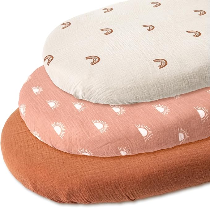 Gllquen Baby Muslin Bassinet Sheets 3 Pack, Breathable Elastic Cozy Fitted Cotton Bassinet Mattress Sheet for Baby Boy Girls, Fit for Hourglass Oval Rectangular Cradle Pad Sheets 33"x17"(Rainbow)
