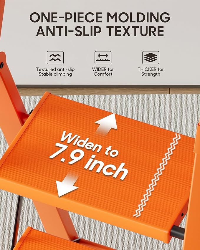 HillhutApex 4 Step Foldable Aluminum Step Ladder with Handgrip, Anti-Slip Pedal, 330 lbs Capacity, Lightweight & Portable for Home, Kitchen, Office, Garage (Orange)