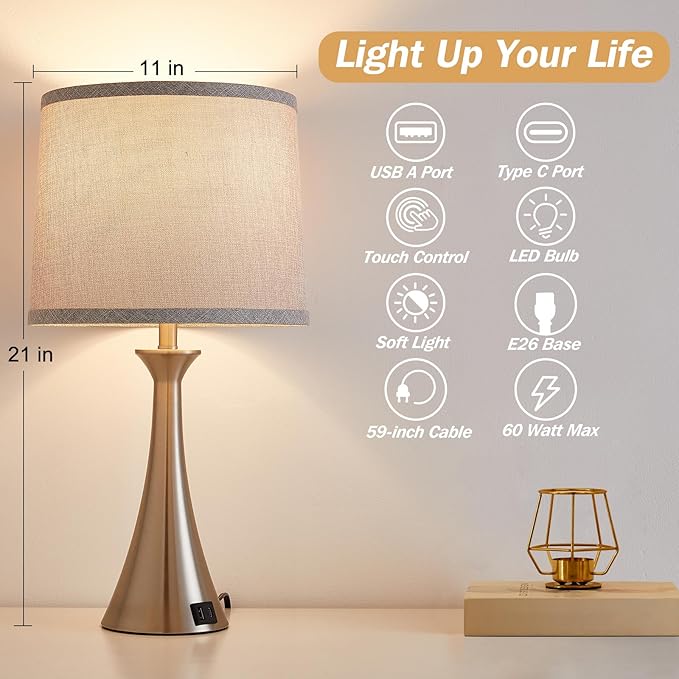 Hikczc Touch Lamp for Living Room Bedroom, 21" Table Lamps Set of 2 with USB C+A Ports and Grey Lamp Shades, Touch Bedside Lamps for Nightstand with 3 Way Dimmable, 2 LED Bulbs Included, Silver