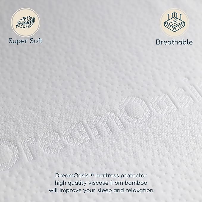 DreamOasis Waterproof Mattress Protector Full Size - Premium Bamboo Viscose, Super Soft, Breathable, Machine Washable, Noiseless Bed Mattress Cover - White