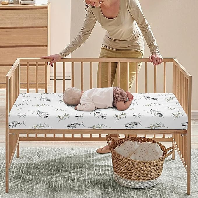 Black Olives and Green Branch Fitted Crib Sheet Olives Baby Crib Sheet Fit Standard Crib and Toddler Mattress,Crib Mattress Sheets for Boys Girls 28"x52"