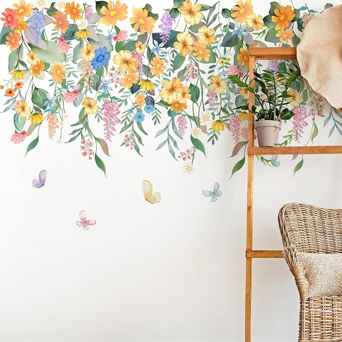 Buiory Removable Flower Plants Wall Decals Hanging Vine Floral Wall Stickers Peel and Stick Flower Butterfly Stickers for Baby Nursery Girls Bedroom Living Room Wall Decor