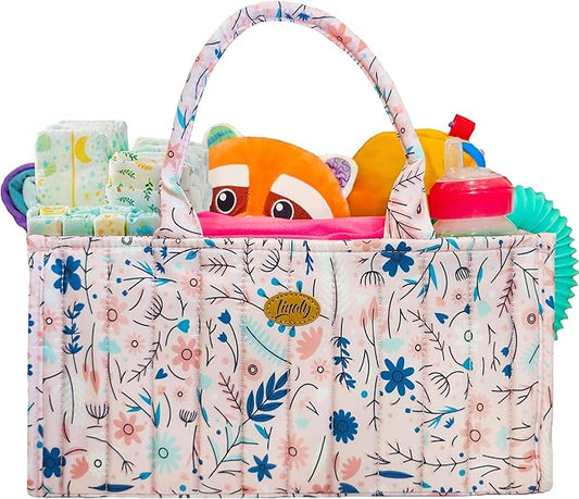 Floral Diaper Caddy Organizer, Caddy For Baby Stuff, Quilted Washable Car Storage for Newborn Toddler, Portable Nursery Storage Organizer for Changing, Waterproof Fabric Shower Basket, Floral Bag