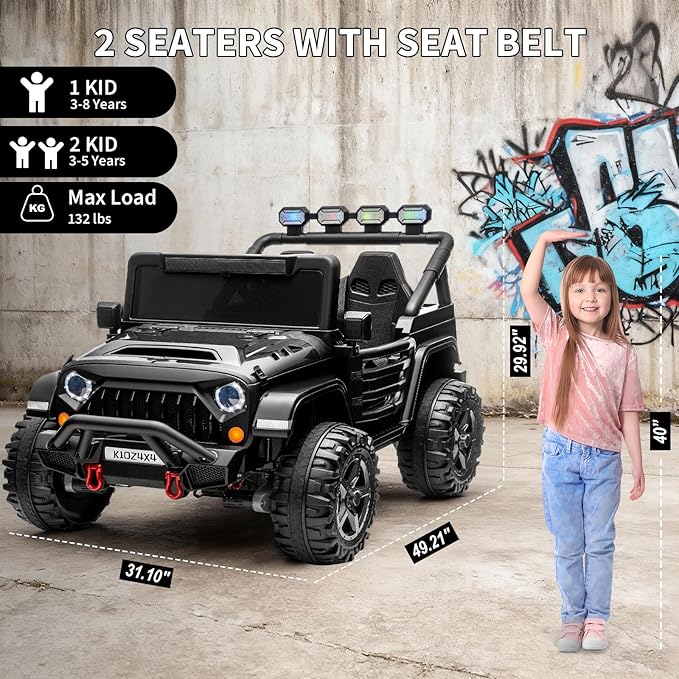 2 Seater Ride on Car Toy for Kids, 24V 4x4 Ride-on Truck, w/Parent Control, Soft Start, 3 Speed, 4-Wheeler Suspension, Bluetooth, LED Lights, Electric Car for Kids Toddler Ages 3-8, Black