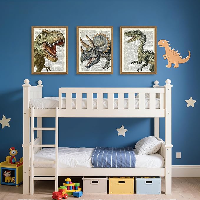 Ovczax 3 Pieces Dinosaur Canvas Wall Art - Tyrannosaurus Rex, Triceratops, Velociraptor Decor For Kids Room Game Room, Living Room, Bedroom 16" x 12"With Framed