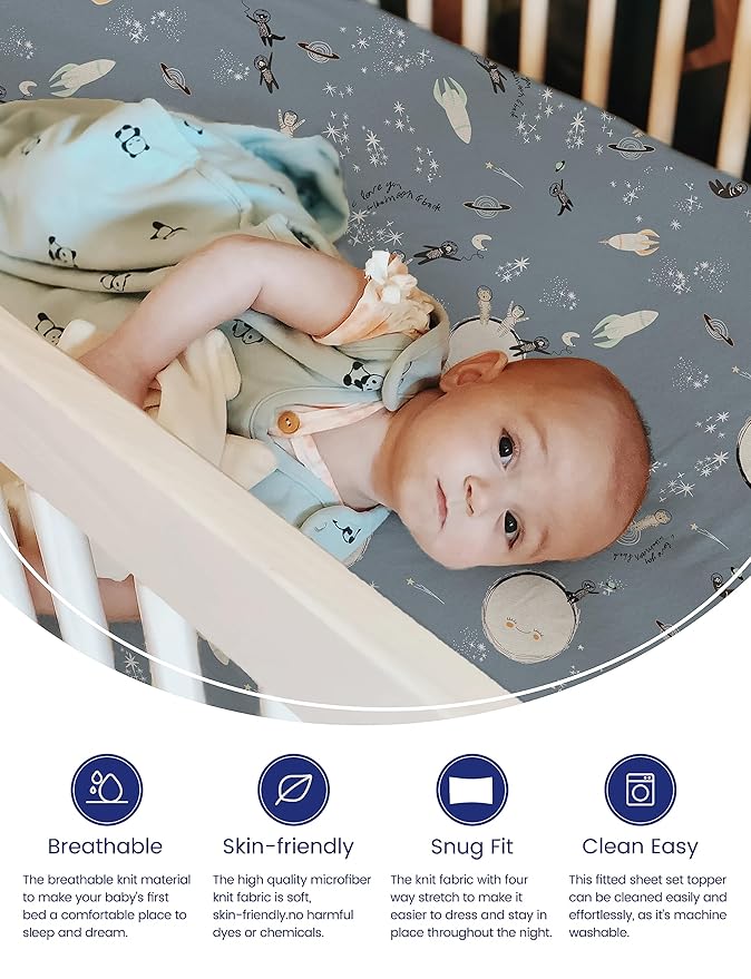 TotAha Space Mini Crib Sheets Fitted, Star & Moon Pack N Play Sheets, Super Stretchy Jersey Knit Playard Sheets, Compatible with Graco Pack N Play Playard Crib and Other Playpen Mattress