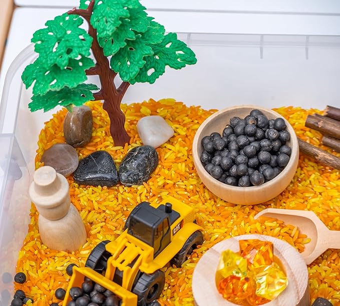 Construction Sensory Bin Kit for Kids – Taste-Safe Rice, Realistic Rocks & Logs, Durable Wooden Tools & Vehicles – Includes Storage Bin – Montessori-Inspired Sensory Play