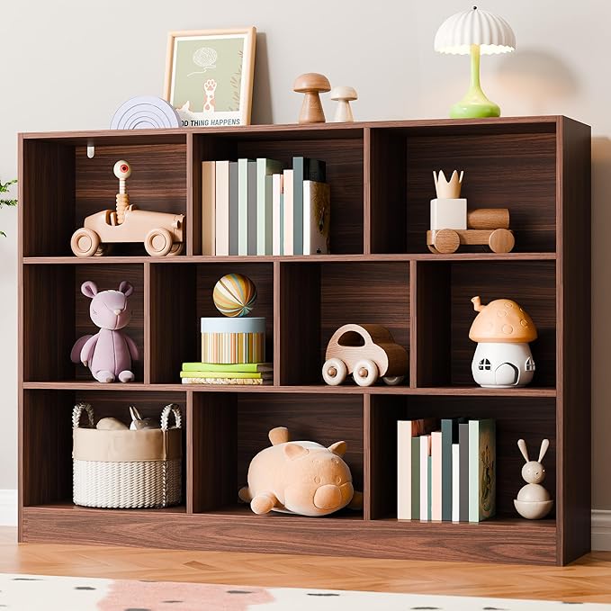 Cozy Castle Brown Bookshelf, 3-Tier Open Shelf Bookcase, 10 Cube Storage Organizer with Anti-Tilt Device for Bedroom, Living Room, 55.11" W x 11.61“D x 40.94“H