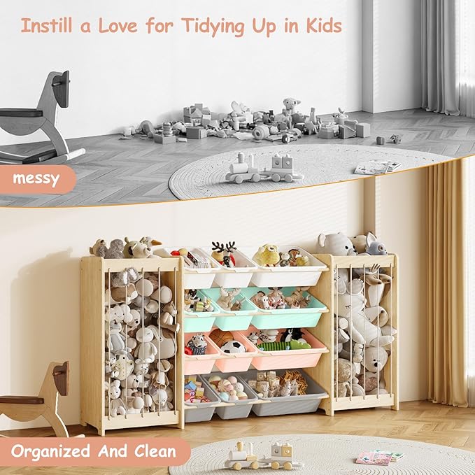 EXPERLAM Toy and Stuffed Animal Storage, 12-Bin Toy Shelf with Double-Sided Stuffed Animal Holder & Thicker Elastic Ropes, Space-Saving Solid Wood Toy Organizer for Playroom, Nursery, Bedroom, Multi