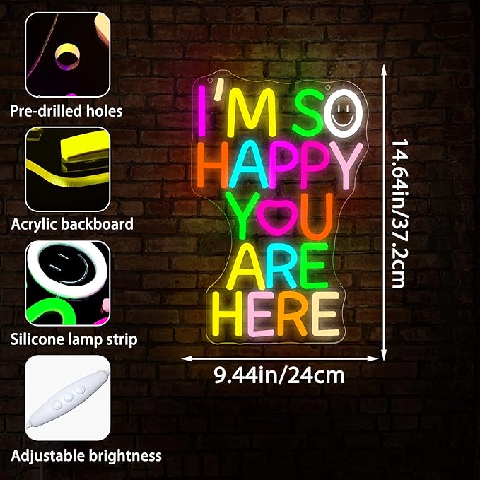 I'm So Happy You Are Here Neon Sign for Wall Decor Dimmable Welcome Sign for Classroom Inspirational Positive Wall Art Decor for Party Home Gym Office Bedroom Gifts for Teens Size 14.6*9.4in(GLNP243)
