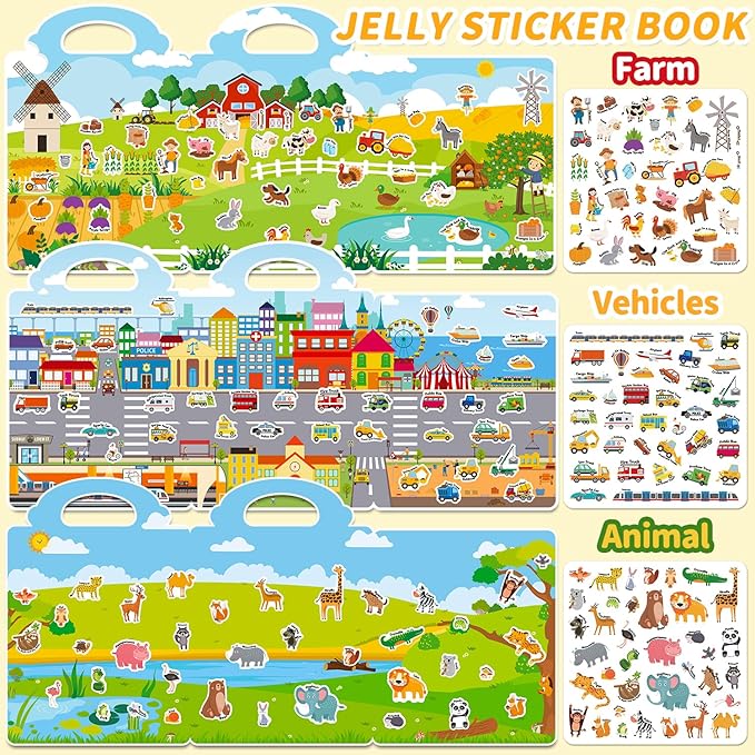 3 Sets Reusable Sticker Book for Toddlers 3-6, Jelly Sticker Books for Toddler, Travel Sticker Activity Toys for Kids 3 4 5 6 Years Old Girls & Boys（Farm + Vehicles + Animal）