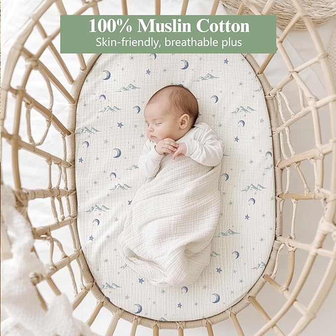 Baby Muslin Bassinet Sheets 3 Pack for Boys & Girls, Soft Breathable Cotton Bassinet Mattress Cover, Universal Fit for Hourglass, Oval, and Rectangle Mattress (Nightfall Blue)