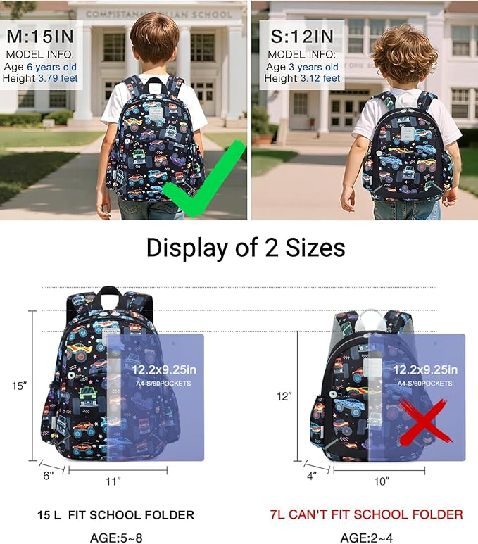 CAMTOP Toddler Backpack for Boys Girls 2-4, Kids Backpacks for Kindergarten Preschool, 12" H Small Bookbag for Daycare Travel (L - Black, 15"- Fit A4 Folder)