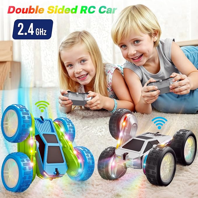 WayEee Remote Control Car for Boys 4-7, 360° Flips Rotating RC Stunt Car with Type-C Charging and LED Lights Strips, 2.4 GHZ Double Sided All Terrain 4WD RC Cars for Girl Boys Christmas Birthday Gift