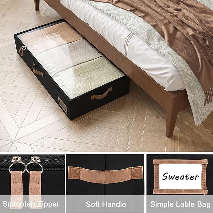 COYACOOL Under Bed Storage, Under Bed Storage Containers Bins for Clothes, Large Linen Underbed Closet Organization Bins, 2 Pack Collapsible Underbed Bin Dorm for Clothes, Sweater, Black