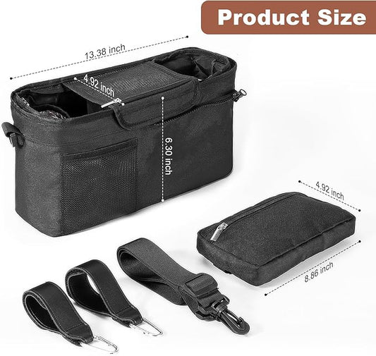 Bjabtan Universal Stroller Organizer with Insulated Cup Holder, Stroller Caddy with Detachable Bag & Shoulder Strap, Stroller Attachment Non-Slip Secure Hooks Accessories Fits Most Strollers