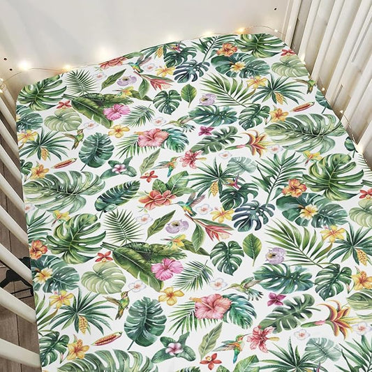 Tropical Flower Leaves Hummingbirds Baby Crib Sheets for Boy Girl 52"x28" Greenery Tropical Jungle Soft Snug Fitted Crib Mattress Cover Boho Summer Baby Sheet for Standard Crib & Toddler Bed Mattress