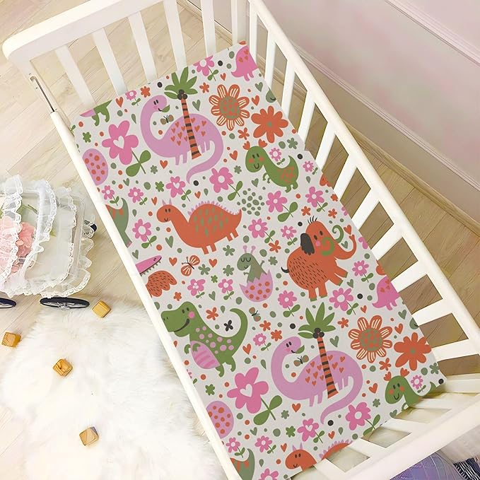 Cute Dinosaurs Flower Crib Sheets Soft Breathable Fitted Baby Crib Sheets Mattress Cover for Girls Boys, 52" x 28" x 9"