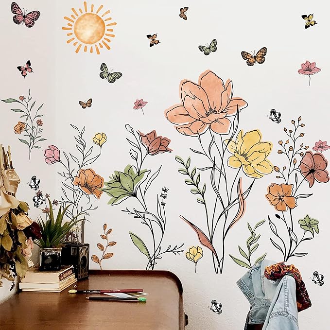 Boho Flower Wall Decals Watercolor Flower Plants Wall Stickers Wildflower Floral Walls Decals for Living Room Peel and Stick Modern Line Butterflies Art Murals for Girls Bedoom Office Home Decoration
