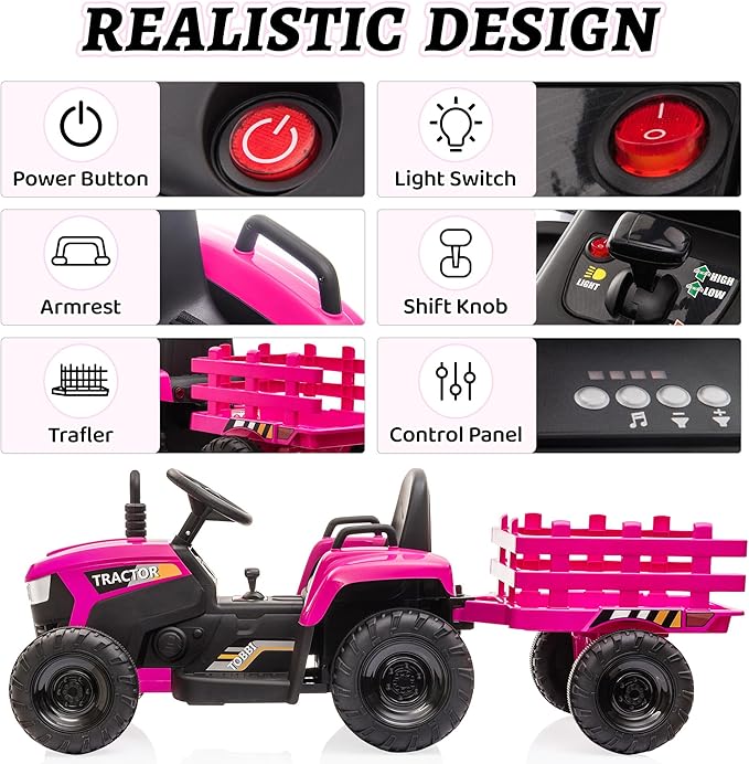 TOBBI Kids Electric Ride On Toy Tractor, Toddlers 12V Battery-Powered Car to Drive, 35W Dual Motor 6-Wheels Trailer Vehicle with 3-Speeds/LED & Horn Functions for Chirdren Aged 3-6-Pink