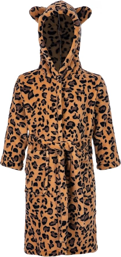 Kids Toddler Cartoon Hooded Plush Robe Leopard Pajamas Fleece Bathrobe Children Sleepwear