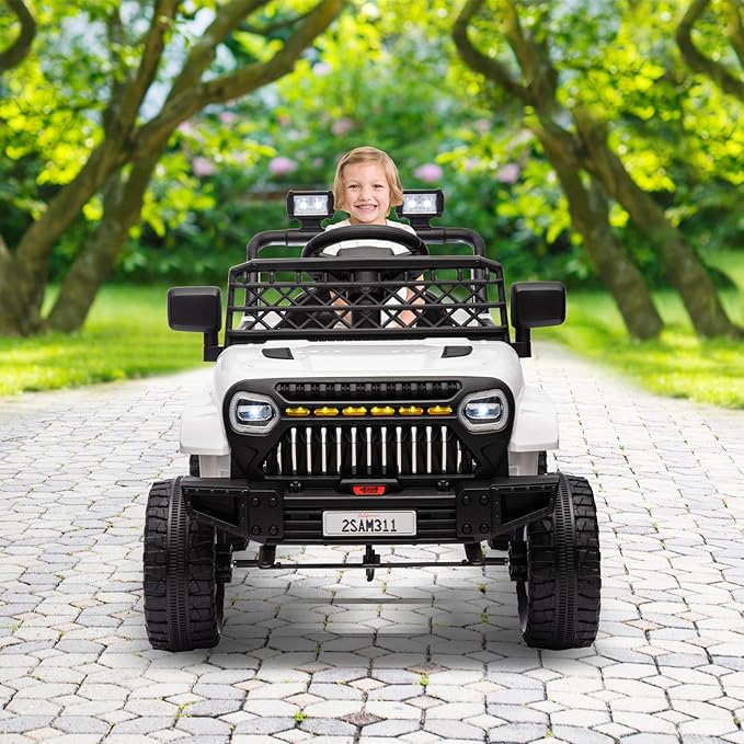 12V Ride On Car for Kids Electric Vehicle Toddlers Battery Powered Truck Car Toy with Remote Control, 4-Wheel Suspension, Battery Display, LED Lights, Music, for Boys Girls, White