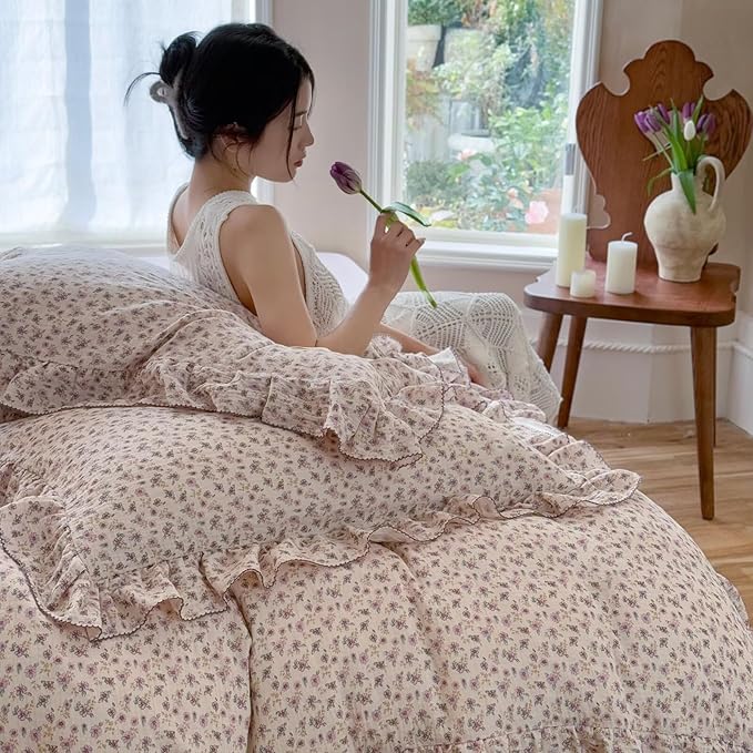 BuLuTu Chic Shabby Purple Floral Duvet Cover Twin, Muslin Cotton Farmhouse Bedding Ruffles Comforter Cover, Kids Girls Boys Quilt Cover 68"x86", No Pillow, Zipper & Corner Ties
