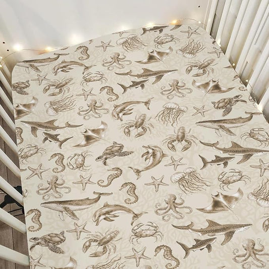 Retro Marine Animals Baby Crib Sheets Boy Girl 28"x52" Whale Dolphin Jellyfish Sea Horse Turtle Coral Soft Snug Fitted Crib Mattress Cover Ocean Animal Baby Sheet for Standard Crib & Toddler Mattress