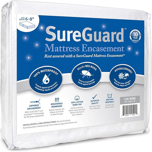 Cal King (6-8 in. Deep) SureGuard Mattress Encasement - 100% Waterproof, Bed Bug Proof, Hypoallergenic - Premium Zippered Six-Sided Cover