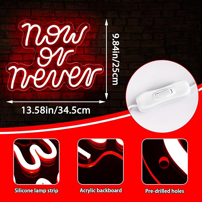 Gym Neon Sign for Wall Decor Home Gym Decor Now or Never Inspirational LED Signs for Man Cave Workout Study Room Office Party Quote Motivational Art Gifts for Men Sports Fans Size 13.8*9.6in（GLND377）