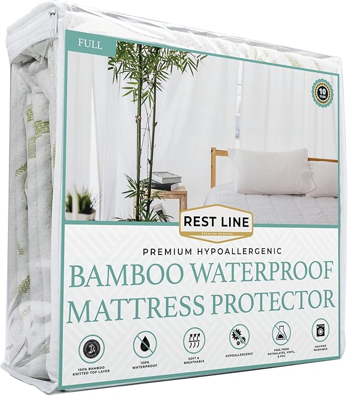 Full Size | Waterproof Mattress Protector | Hypoallergenic, Cooling Mattress Pad Cover, Fitted Sheet Style up to 18" Deep | 100% Viscose from Bamboo | by Rest Line Premium Bedding