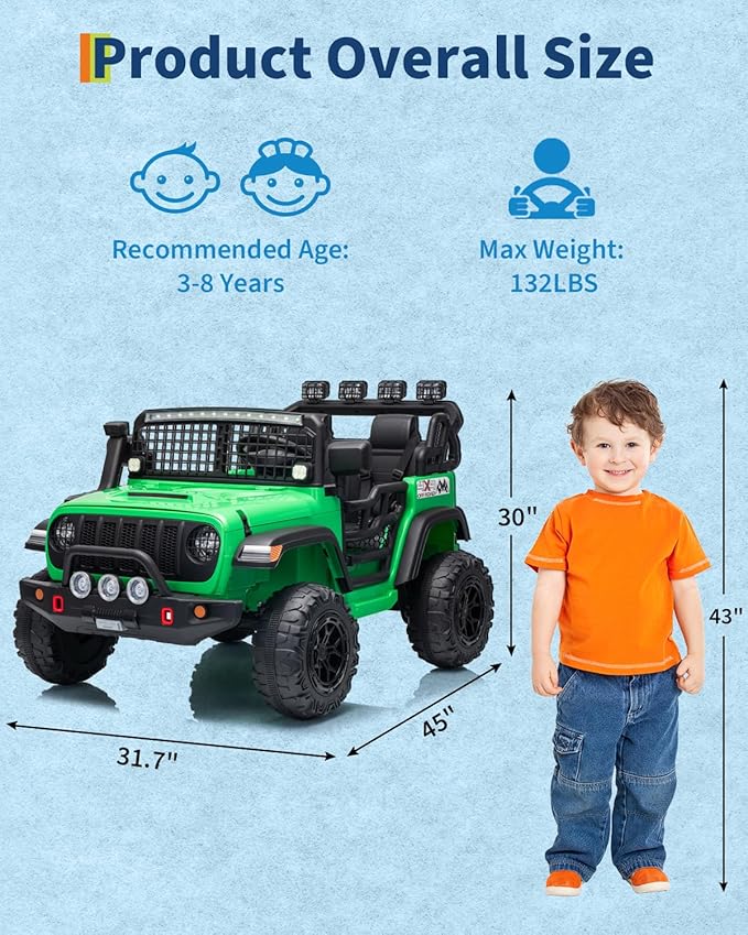 2 Seats 24V Kids Electric Ride on Car with Remote Control, 20" Large Seat with 2 Safety Belts, Two 200W Battery Powered Electric Vehicle for 3+ Years, LED Light,Music,Horn,USB Port, Riding Toy,Green