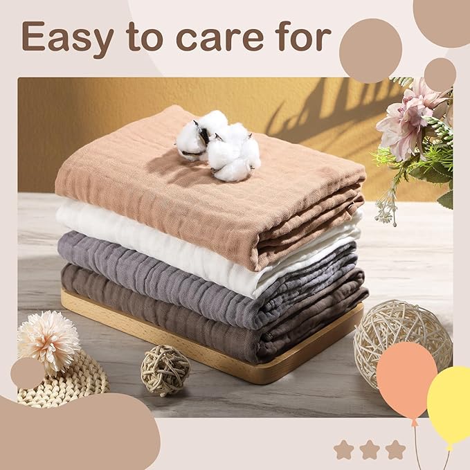 Peryiter 4 Pcs Muslin Hooded Baby Towels, 32x 32'' Cotton Newborn Bath Towel Muslin Infant Baby Blankets Absorbent Unisex Christmas Registry Gift Essentials for Girls Boys (White,Coffee,Blue)