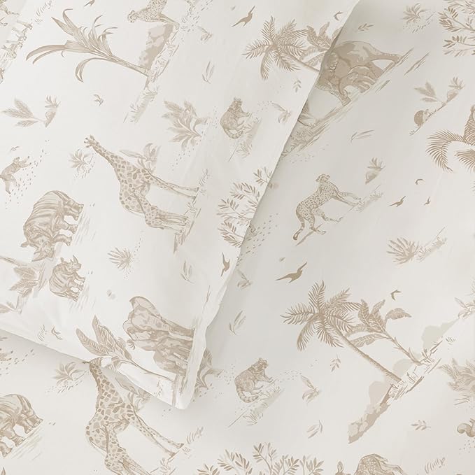 MakeMake Organics Organic Full Fitted Sheet Set GOTS Certified Organic Cotton Fitted Sheet with Pillowcase Ultra Soft Non Toxic Breathable Hypoallergenic Animals Theme Room (Full, Safari)