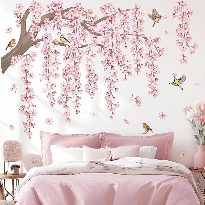 decalmile Large Pink Flower Tree Branch Wall Decals Cherry Blossom Tree Floral Birds Wall Stickers Living Room Bedroom Tv Background Wall Decor