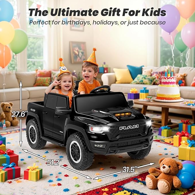 Licensed RAM 1500 RHO 2 Seater Electric Car, 24V Ride on Car for Big Kids with Remote Control, Toddler Ride on Toy w/4 Wheels Suspension, LED Lights, Bluetooth, Soft Start Function (Black)