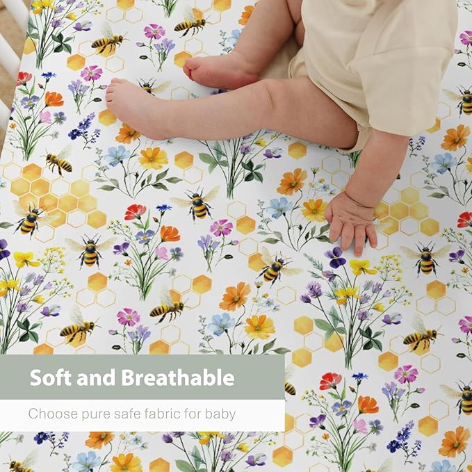 Boho Wildflower Bees Honeycomb Baby Crib Sheets for Boy Girl 52x28Inch Watercolor Honeybee Floral Soft Snug Fitted Crib Mattress Cover Summer Baby Sheet for Standard Crib and Toddler Bed Mattress