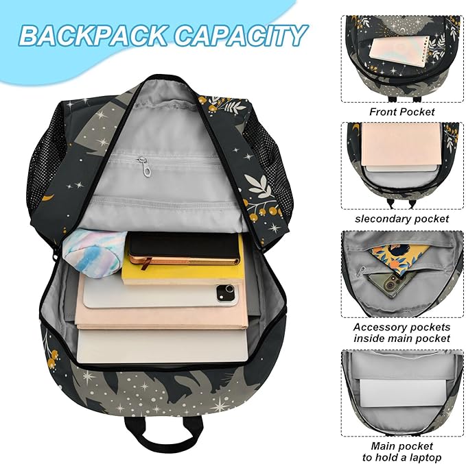 Jucciaco Magical Fox Stars Moons Boho Backpack with Lunch Bag, School Backpack for Teens Boys Girls Kids Travel Backpacks Set