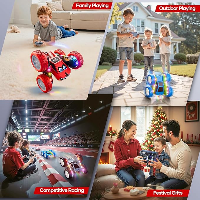 WayEee Remote Control Car, 360° Flips RC Stunt Car with LED Lights Strips, Type-C Charge Modular Battery, 2.4 GHZ Double Sided High Speed RC Cars for Boys Age 8-12 Girls 3+ Kids Toys Birthday Gifts