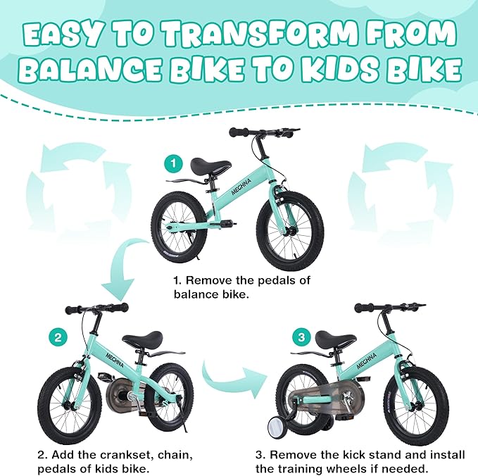 MEGHNA 2 in 1 Toddler Balance Bike 14 inch Wheel Kids Bike Aged 3-7 Years Old with Footrest Detachable Training Wheels Caliper and Coaster Brake Strider Bike for Boys Girls, Easy to Assembly