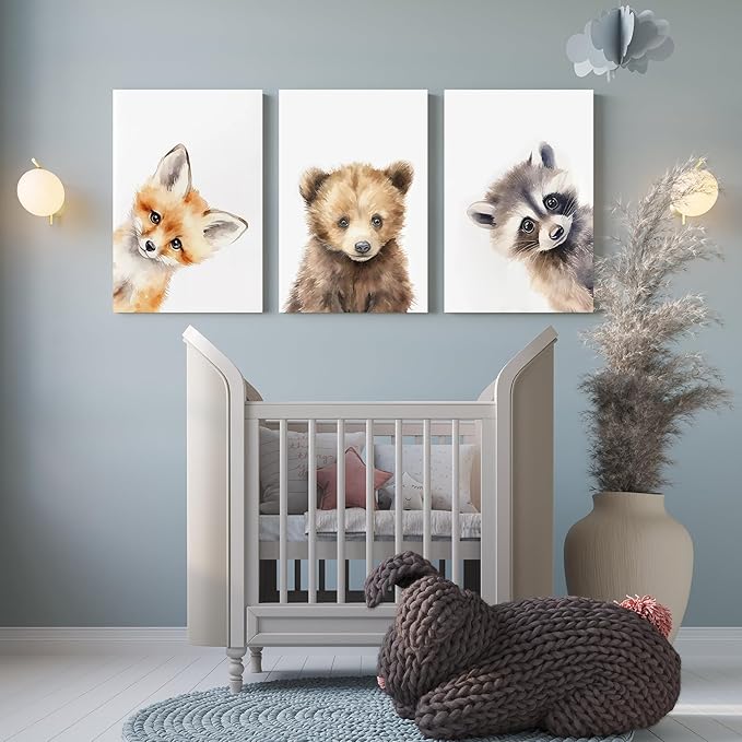 Adorable Bear Fox Raccoon Nursery Wall Decor, 3 Piece Baby Animals Art Poster for Baby Boy Girl Room Decor, Woodland Nursery Wall Art, Funny Kid Prints, Framed Canvas Set, 16"x24"x3