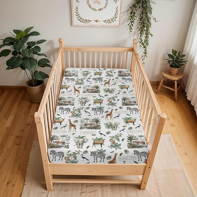 Safari Animal Adventure Baby Crib Sheets for Boy Girl 52x28 Elephant Leopard Giraffe Zebra Tropical Leaves Soft Snug Fitted Crib Mattress Cover African Baby Sheet for Standard Crib & Toddler Mattress