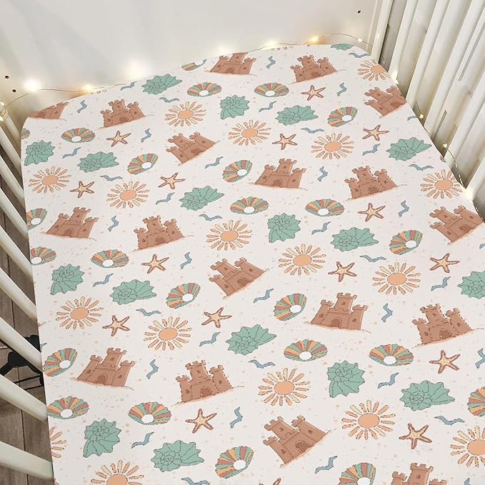 Boho Beach Summer Baby Crib Sheets for Boy Girl 52"x28" Retro Seaside Holiday Soft Snug Fitted Crib Mattress Cover Sun Seashells Castle Starfish Baby Sheets for Standard Crib & Toddler Bed Mattresses