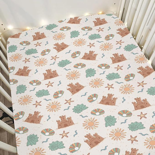 Boho Beach Summer Baby Crib Sheets for Boy Girl 52"x28" Retro Seaside Holiday Soft Snug Fitted Crib Mattress Cover Sun Seashells Castle Starfish Baby Sheets for Standard Crib & Toddler Bed Mattresses