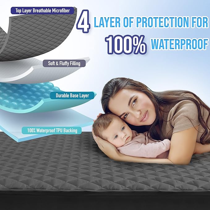 HYLEORY Twin Size Waterproof Mattress Pad Protector, Breathable Quilted Mattress Cover Noiseless Waterproof Fitted Sheet Mattress Topper Upto 21" Deep Pocket, Dark Grey