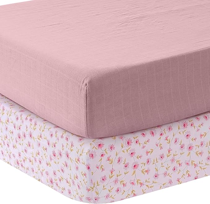 MOZAH Organic Muslin Crib Sheets, Soft and Breathable Bedding for Baby Girls or Boys, Snug Fitted Sheet for Standard Cribs & Toddler Mattresses, 2 Pack, Pink and Pink Leaves