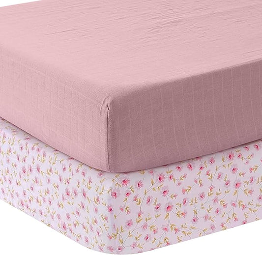 MOZAH Organic Muslin Crib Sheets, Soft and Breathable Bedding for Baby Girls or Boys, Snug Fitted Sheet for Standard Cribs & Toddler Mattresses, 2 Pack, Pink and Pink Leaves