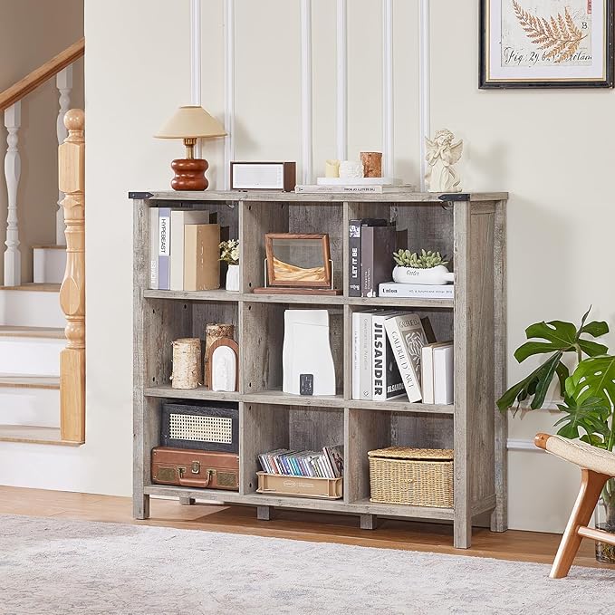 Joaxswe 9 Cube Bookcase, Farmhouse 47 Inch Wide Grey Oak Bookshelf, Wooden 3 Tier Display Large Open Book Shelf, Vintage Horizontal Book Case for Home Office, Cubby Storage Cabinet for Living Room